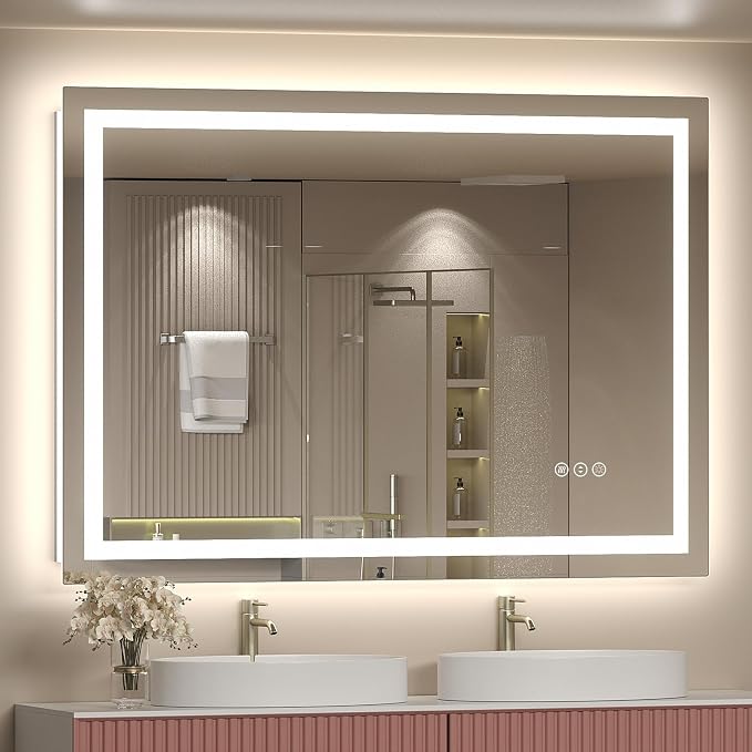 48x38 LED Lighted Bathroom Mirror for Vanity Wall | Front Light and Backlit, Anti-Fog, Memory, 3 Color, Tempered Glass, Dimmable, Rectangular, UL, Horizontal/ Vertical Mounted