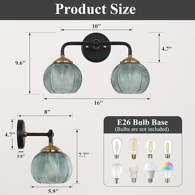 Mecgirn Bathroom Vanity Light Fixtures, 2-Light Green Glass Shade, Modern Black and Gold Wall Sconce, Unique Textured Leaf Pattern, Ceramic E26 Sockets Wall Mounted for Mirror, Cabinet, Hallway