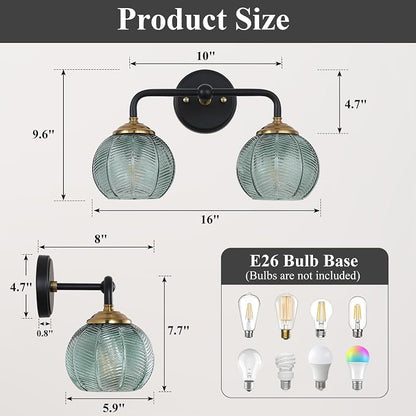 Mecgirn Bathroom Vanity Light Fixtures, 2-Light Green Glass Shade, Modern Black and Gold Wall Sconce, Unique Textured Leaf Pattern, Ceramic E26 Sockets Wall Mounted for Mirror, Cabinet, Hallway