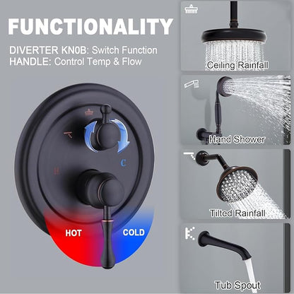 Enga Antique Shower Faucet Sets Dual Heads with Tub Spout 8" Ceiling & 6" Wall Mount Vintage Shower Head Handheld Spray Combo, 4 Way Diverter Brass Rough in with Trim Kit, Oil Rubbed Bronze