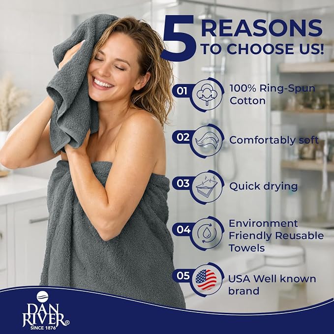 DAN RIVER 8 Piece Luxury Bath Towels for Bathroom, Towel Set, Gray | 2 Bath towels, 2 Hand towels, and 4 Wash Cloths, 600 GSM 100% Ring Spun Cotton, Highly Absorbent, Gym, Hotel, guest, and Spa