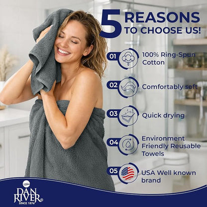 DAN RIVER 8 Piece Luxury Bath Towels for Bathroom, Towel Set, Gray | 2 Bath towels, 2 Hand towels, and 4 Wash Cloths, 600 GSM 100% Ring Spun Cotton, Highly Absorbent, Gym, Hotel, guest, and Spa