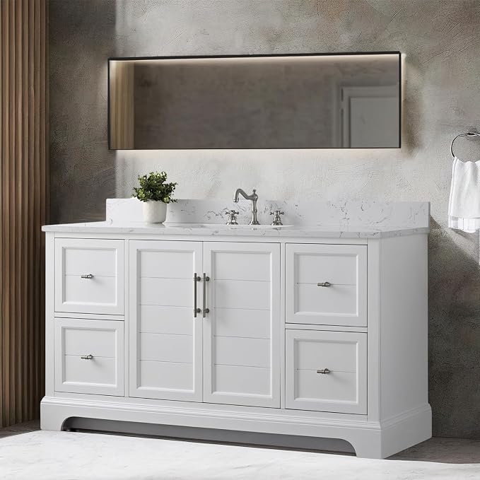 Vanity Art 60 Inch Bathroom Vanity with Single Sink, White | Solid Wood, Ceramic Sink, Marble Top, Waterproof Backsplash, Pre-assembled, Soft-close Doors, Ample Storage, Freestanding