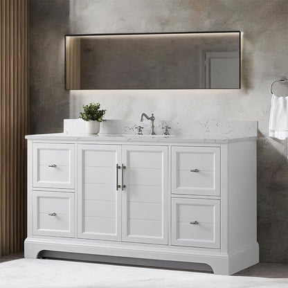 Vanity Art 60 Inch Bathroom Vanity with Single Sink, White | Solid Wood, Ceramic Sink, Marble Top, Waterproof Backsplash, Pre-assembled, Soft-close Doors, Ample Storage, Freestanding