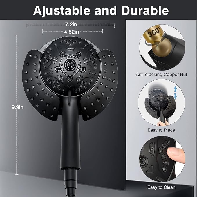 2 in 1 Shower Head with Handheld Combo High Pressure Black 2.5 GPM | 7.2" Rain Showerhead and 10 Spray Hand Held Shower, Adjustable Shower Angle, 59-inch Rotatable Stainless Steel Hose