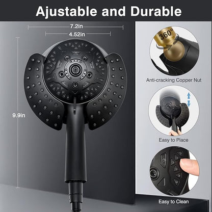 2 in 1 Shower Head with Handheld Combo High Pressure Black 2.5 GPM | 7.2" Rain Showerhead and 10 Spray Hand Held Shower, Adjustable Shower Angle, 59-inch Rotatable Stainless Steel Hose