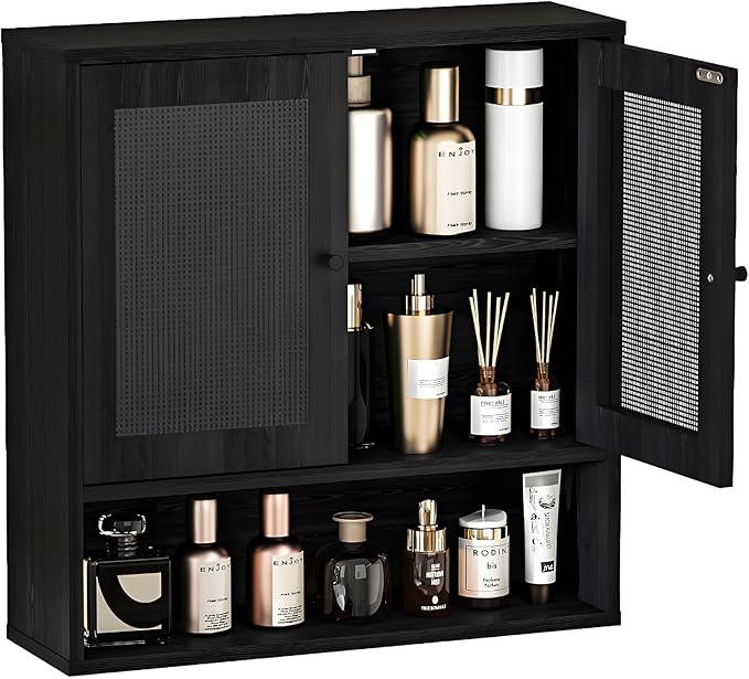 Bathroom Wall Cabinet, Wall-Mounted Rattan Medicine Cabinet with Double-Door, Floating Bathroom Cabinet Over Toilet for Laundry Room & Kitchen & Living Room 23.23 x 7.68 x 24 in