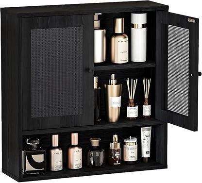 Bathroom Wall Cabinet, Wall-Mounted Rattan Medicine Cabinet with Double-Door, Floating Bathroom Cabinet Over Toilet for Laundry Room & Kitchen & Living Room 23.23 x 7.68 x 24 in