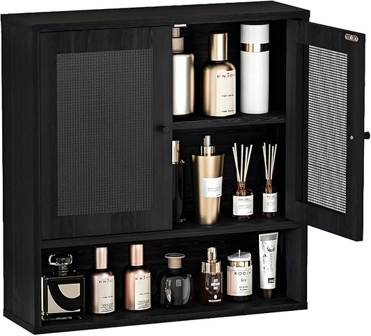 Bathroom Wall Cabinet, Wall-Mounted Rattan Medicine Cabinet with Double-Door, Floating Bathroom Cabinet Over Toilet for Laundry Room & Kitchen & Living Room 23.23 x 7.68 x 24 in
