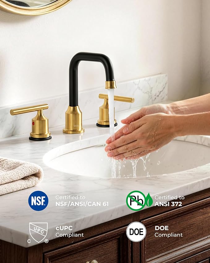 WOWOW Black Gold Bathroom Faucet 3 Hole, Widespread Vanity Sink Faucets | Copper Inlet 8 Inich Faucet for Bathroom Sink with Swivel Spout, 2 Handles Lavatory Tap with Drain and cUPC Supply Line