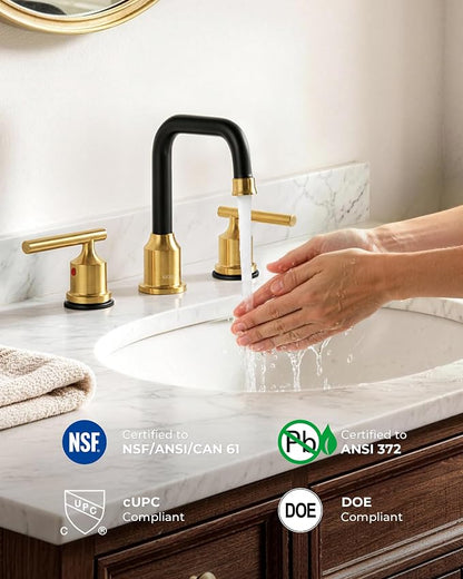 WOWOW Black Gold Bathroom Faucet 3 Hole, Widespread Vanity Sink Faucets | Copper Inlet 8 Inich Faucet for Bathroom Sink with Swivel Spout, 2 Handles Lavatory Tap with Drain and cUPC Supply Line