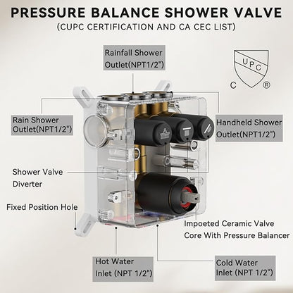 Shower Faucet Set, 12" Shower System with Rain Shower and Handheld, Ceiling Mount Dual Head Can Run All Together For Two People, 3 Way Shower Valve with 5 Diverter Complete, Matte Black