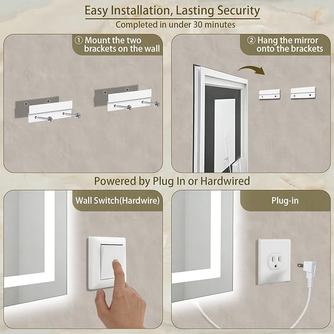 32"x48" LED Bathroom Mirror with Lights, Anti-Fog, Backlit+Frontlit | CRI 95, Stepless Dimmable, 3 Colors Lighting, Shatterproof Tempered Glass, HD Reflection, Memory, (Horizontal/Vertical)
