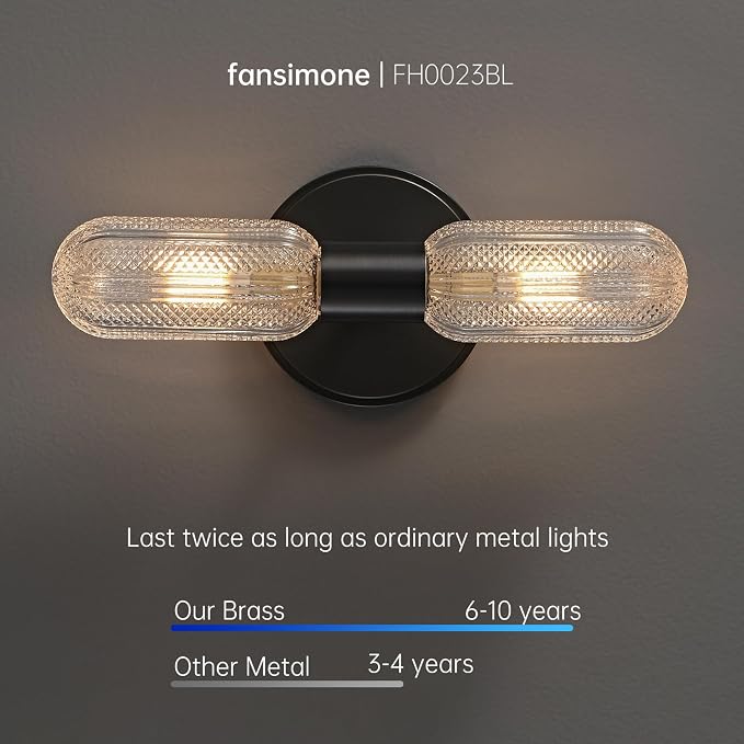 Matte Black Wall Sconces,12.3in 2-Light Knurled Glass Sconces Wall Lighting | Bathroom Brass Material Sconce, Wall Lights for Living Room Vanity Hallway Mirror,Entrance,Corridor，Hardwired, bulb included