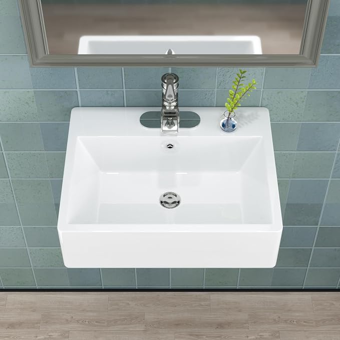 21"x16" White Ceramic Wall Mount Floating Bathroom Vessel Sink | Wall Mount Bathroom Sink Rectangle Vanity Vessel Bathroom Sink