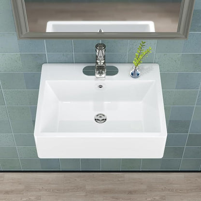 21"x16" White Ceramic Wall Mount Floating Bathroom Vessel Sink | Wall Mount Bathroom Sink Rectangle Vanity Vessel Bathroom Sink