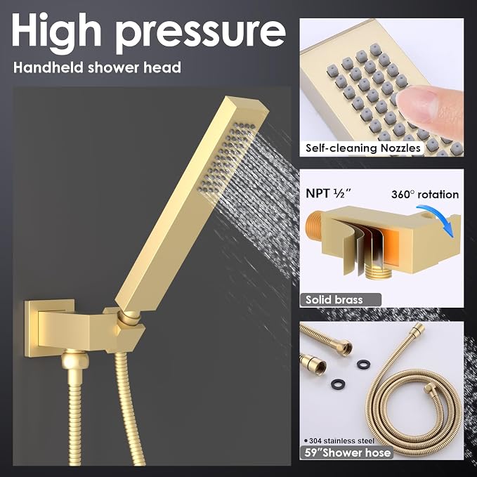Enga Luxury Dual Shower Head System LED Thermostatic Shower System with 6 inch Wall Shower, 20-Inch 3 Function Shower Head (Rainfall & Mist & Waterfall), Brushed Gold
