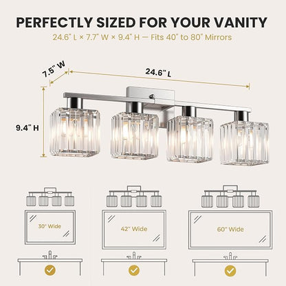 Crystal Bathroom Light Fixtures, 4-Light Brushed Nickel, Vanity Lights for Bathroom Over Mirror, Modern Bath Wall Sconce for Mirror Bedroom Living Room