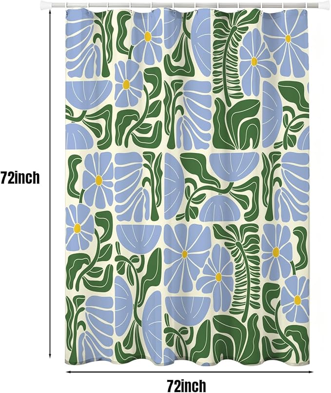 Abstract Geometric Floral Shower Curtain, Cute Blue and Green Boho Floral Pattern, Waterproof Polyester Fabric Shower Curtains Sets with Hooks for Bathroom 72x72 Inches