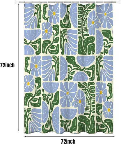 Abstract Geometric Floral Shower Curtain, Cute Blue and Green Boho Floral Pattern, Waterproof Polyester Fabric Shower Curtains Sets with Hooks for Bathroom 72x72 Inches