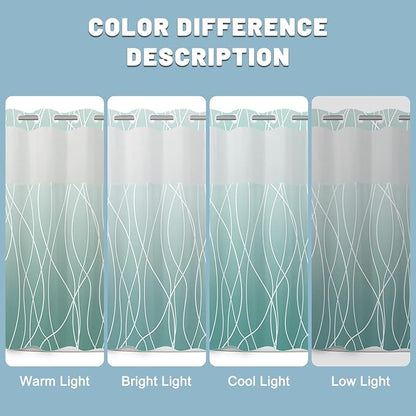 No Hook Ombre Teal Striped Shower Curtain with Snap in Liner Set - Hotel Shower Curtain and Liner Set with See Through Mesh Top Window,Machine Washable, 71x74 INCH