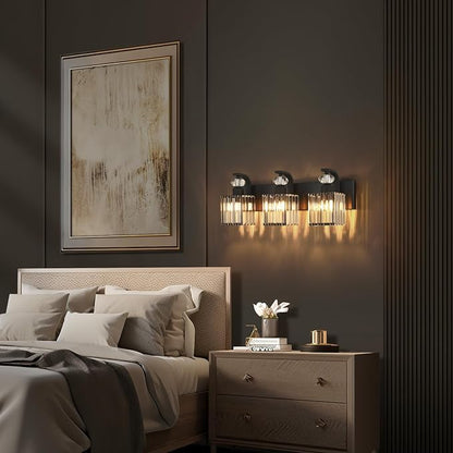 Modern Bathroom Vanity Light, 3-Light Black Bathroom Lighting Fixtures Over Mirror, 20.5" Crystal Wall Light Sconce for Bathroom/Bedroom/Vanity, Includes LED Bulbs, Easy Installation
