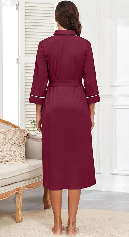 PrinStory Robes for Women 3/4 Sleeve Long Bath Robe XS-4XL | V-Neck Knit Bathrobe with Pockets, Lightweight, Soft, Breathable Robes for Shower, Spa, Travel, Home, Party, Nursing