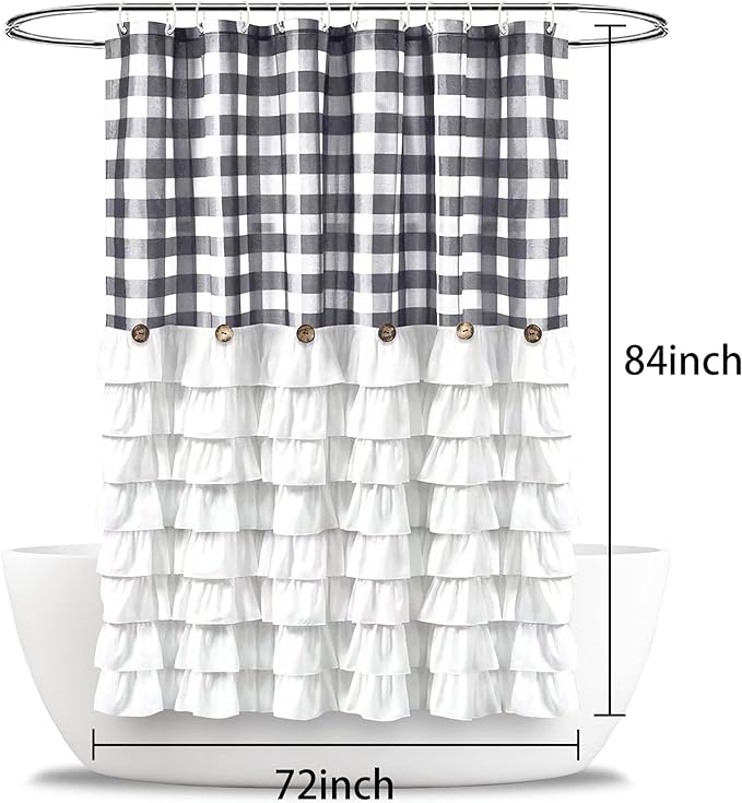 Seasonwood Grey Farmhouse Shower Curtain Extra Long 84 Inch Gray and White Buffalo Plaid Pattern Fabric 72"x84" Shower Curtains with Buttons & White Ruffles for Bathroom Long Shower Curtain 84 Length