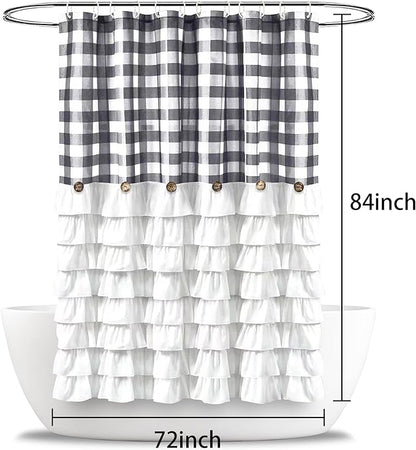 Seasonwood Grey Farmhouse Shower Curtain Extra Long 84 Inch Gray and White Buffalo Plaid Pattern Fabric 72"x84" Shower Curtains with Buttons & White Ruffles for Bathroom Long Shower Curtain 84 Length