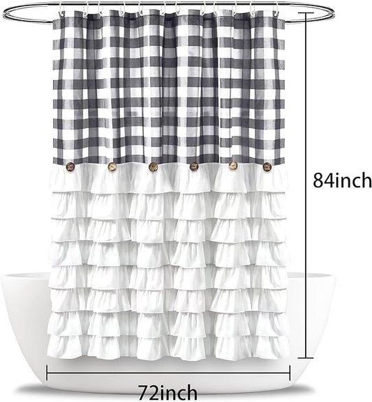 Seasonwood Grey Farmhouse Shower Curtain Extra Long 84 Inch Gray and White Buffalo Plaid Pattern Fabric 72"x84" Shower Curtains with Buttons & White Ruffles for Bathroom Long Shower Curtain 84 Length