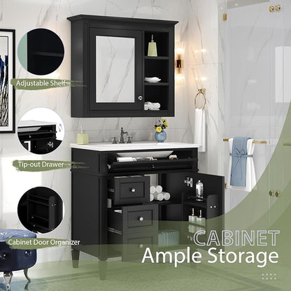 Merax 30 Inch Bathroom Vanity with Sink Set, Modern Bathroom Vanity Storage Cabinet with Matching Mirror Medicine Cabinet, Solid Wood Frame，Painted Finish, 2 Drawers and 1 Tip-Out Drawer, Black