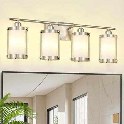 4-Light Brushed Nickel Bathroom Light Fixtures with Milk White Frosted Glass, 29" UL-Listed Modern Wall Sconce Over Mirror with Metal Cage for Bath, Hardwire E26, OS-3014BNW-4W