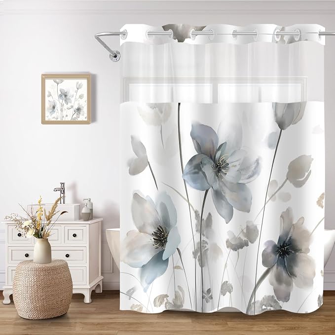 No Hook Shower Curtain and Liner Set, Blue Grey Boho Floral 71x74 | Watercolor Boho Flower, with Snap in Liner, Mesh Top Window, Waterproof, Machine Washable, Quick-Drying, for Hotel Bathroom