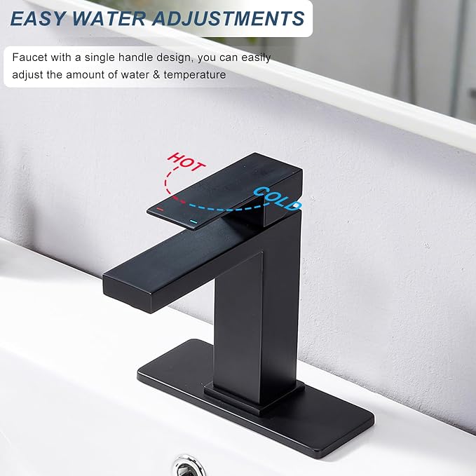 Matte Black Bathroom Faucet, Stainless Steel Single Handle Faucet with Pop Up Drain & Deck Plate, Fits 1 or 3 Hole Countertop, Single Hole Bathroom Installation, Ideal for Vanity & Lavatory Sinks