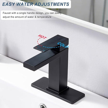 Matte Black Bathroom Faucet, Stainless Steel Single Handle Faucet with Pop Up Drain & Deck Plate, Fits 1 or 3 Hole Countertop, Single Hole Bathroom Installation, Ideal for Vanity & Lavatory Sinks