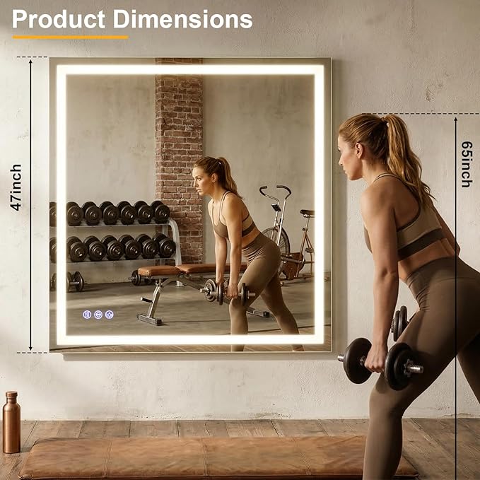 VooBang Bathroom Mirror with Lights 47 x 47 inches - 3 Adjustable Lighting Modes Square LED Bathroom Vanity Mirror, Anti-Fog, Memory Function, Tempered Glass, Wall Mounted Horizontally Vertically