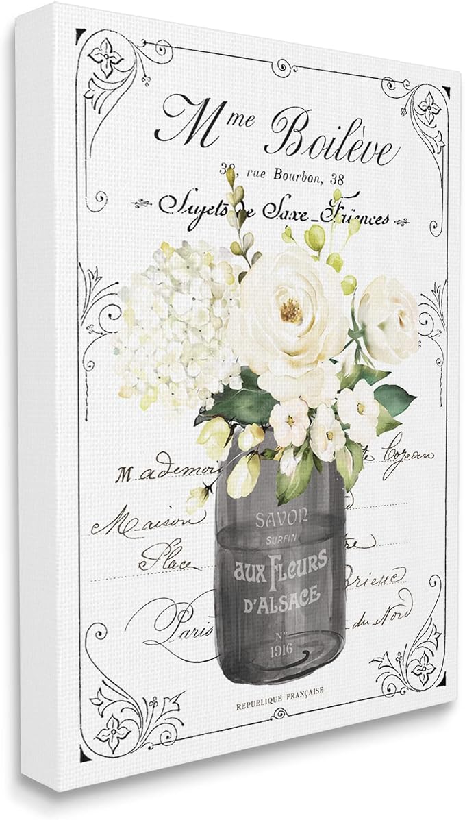 Vintage Parisian Floral Bathroom Bouquet, 30 x 40 Inch Canvas Wall Art | Stupell Industries · By Lettered and Lined · Ready to hang · Charming bath and laundry decor · Made in USA