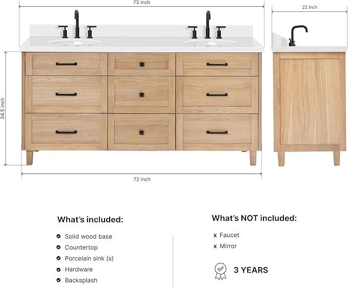 ARIEL Monroe 72-inch Bathroom Vanity with Sink,Solid Wood, 1.5-inch Pure White Quartz Countertop & Backsplash, Double Rectangular Porcelain Sink, 9 Dovetail Drawers, Matte Black, White Oak