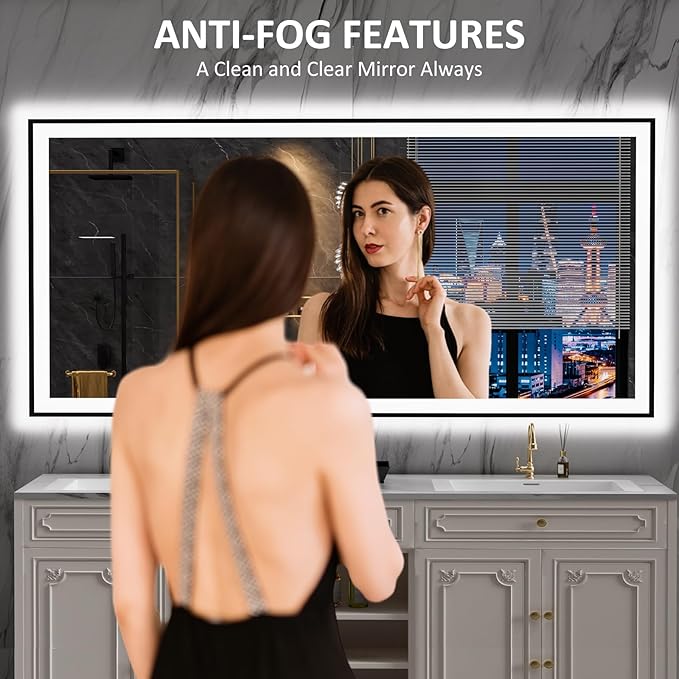 LOAAO 84"X32" LED Bathroom Mirror Black Framed | Anti-Fog, Dimmable, Memory Function, Tempered Glass, Lighted Vanity Mirror for Wall