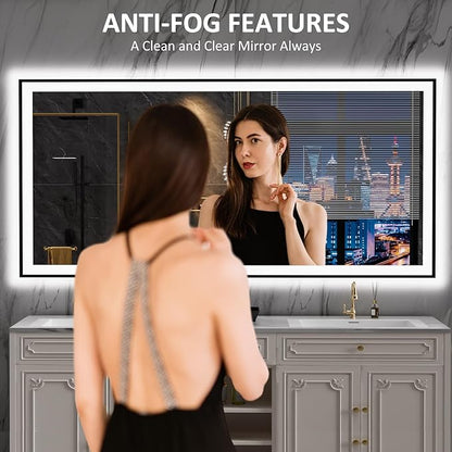 LOAAO 84"X32" LED Bathroom Mirror Black Framed | Anti-Fog, Dimmable, Memory Function, Tempered Glass, Lighted Vanity Mirror for Wall