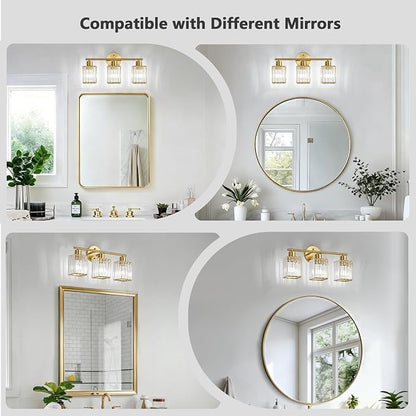 3 Light Bathroom Light Fixtures, Modern Crystal Vanity Lights over Mirror | Metal Frame, Bathroom Light with Square Crystal Shade, ETL Certified, E26 Ceramic Socket, Bulbs Not Included