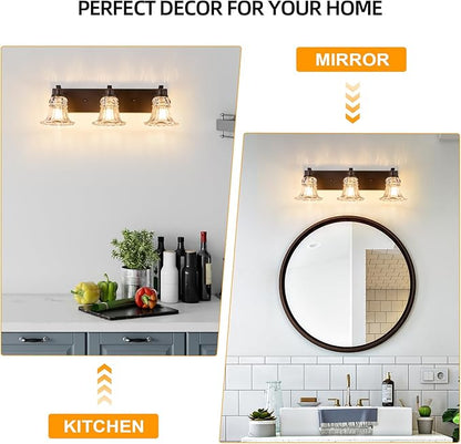 Vintage 3-Light Bathroom Vanity Light, Oil Rubbed Bronze Bathroom Light Fixtures with Floral Clear Glass Shades, Antique Wall Sconce Fixtures for Dressing Table, Bedroom