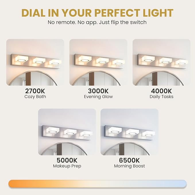 Bathroom Vanity Light, 3-Light 16 Inch Brushed Nickel 5CCT 2700-6500K LED Bathroom Light Fixtures Over Mirror, Vanity Lighting Modern Bath Wall Sconce for Mirror Bedroom Living Room
