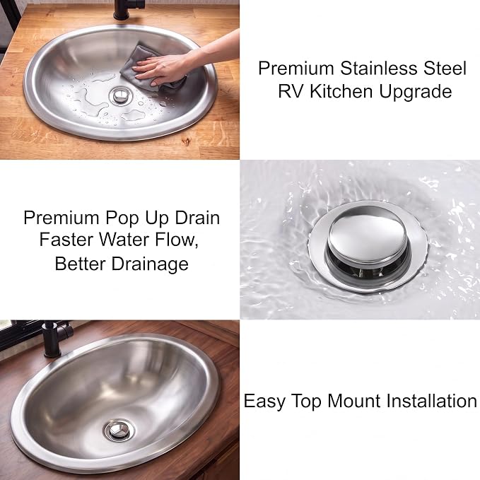 LQS Oval RV Bathroom Sink, 16.73 x 11.81 Inch Stainless Steel RV Sink | Topmount Oval RV Sink for Camper Bathrooms, Kitchens and Bars; 5.12-Inch Depth with Sink Drain Assembly Included