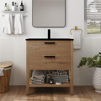 SSLine Free Standing Bathroom Vanity with Sink Modern 30" Bathroom Vanity with Top Basin&Storage Drawers Oak Wood Bath Vanity w/Black Ceramic Sink for Small Bathroom Powder Room