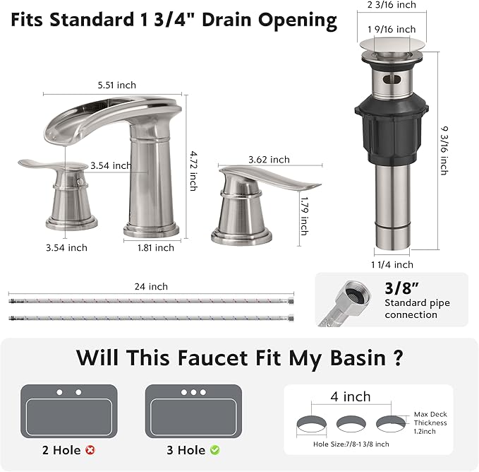 BWE Waterfall Bathroom Faucet, Brushed Nickel 8 Inch Widespread Bathroom Sink Faucet Two-Handle with Pop-up Drain, for Vanity, Lavatory Sink