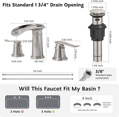 BWE Waterfall Bathroom Faucet, Brushed Nickel 8 Inch Widespread Bathroom Sink Faucet Two-Handle with Pop-up Drain, for Vanity, Lavatory Sink