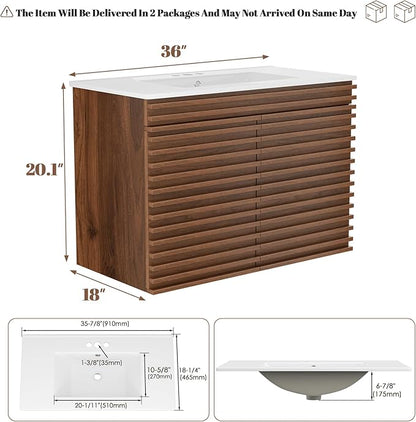 ROOMTEC 36" Bathroom Vanity with Ceramic Sink Combo, Mid-Century Wall Mounted Floating Bathroom Vanity Cabinet with 2 Closing Doors, Wood Grain Texture, Walnut