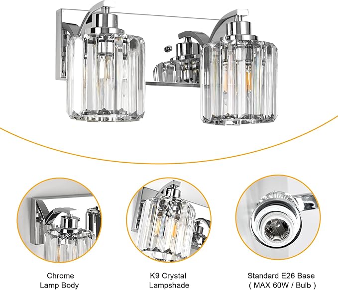 2 Lights Crystal Bathroom Vanity Light Modern Chrome Bathroom Light Fixture Bathroom Lighting Fixtures Over Mirror for Mirror E26 Base