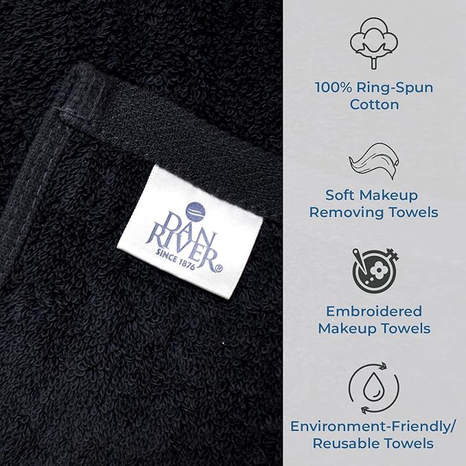 DAN River Black Makeup Towels - Pack of 6 (13x13 in) - Ultra Soft Cotton Face Towels with Embroidery - Reusable, Quick-Dry & Machine Washable Makeup Remover Cloths for Bathroom, Spa & Salon